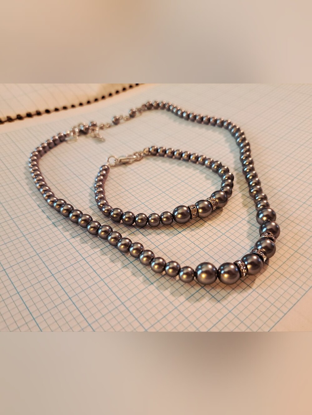 Christina Collection Set Gray Faux Pearl & Diamond Necklace and Bracelet Set